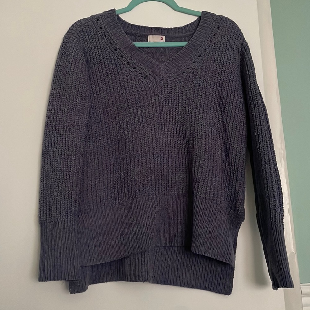 Warm and cozy dusty blue sweater with high v neck